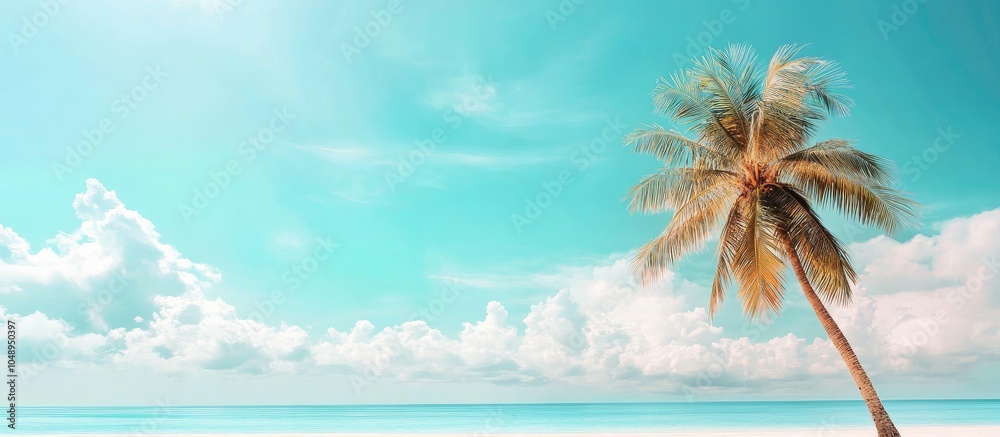 Aufkleber Summer at the beach with a palm tree under the blue sky and clouds Includes copy space Minimalist concept Pastel shades Blurred background