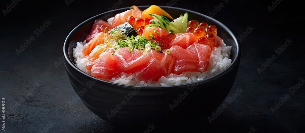 Aufkleber Make chirashi sushi a Japanese dish consisting of rice topped with ingredients like sashimi. with copy space image. Place for adding text or design