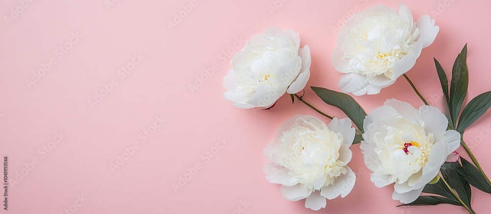 Poster blooming white peony flowers on a pastel colored paper backdrop with copyspace in a minimal style se