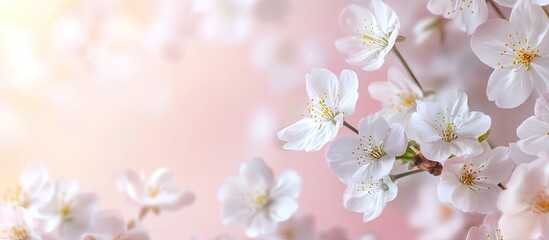 White cherry blossom on a pastel pink background featuring a spring nature and holiday layout. with copy space image. Place for adding text or design