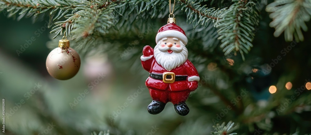 Poster mini santa claus red glove ceramic ornament hanging on a christmas tree. with copy space image. plac