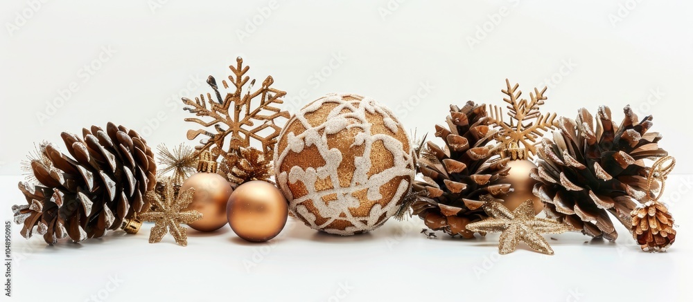 Poster christmas decorations featuring a sparkly pine cone a shiny snowflake and a handmade ball on a white