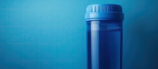 Water filter featuring a blue cap against a blue background. with copy space image. Place for adding text or design