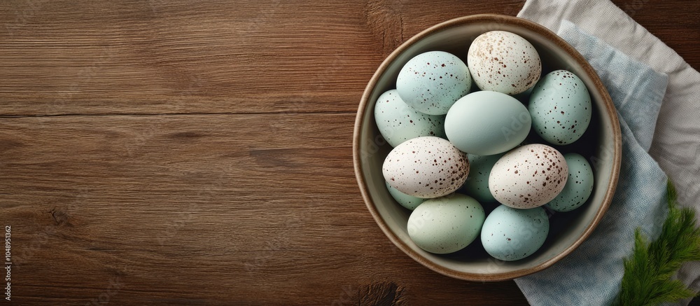 Aufkleber Easter eggs in a bowl with a napkin on a walnut wood table top view. with copy space image. Place for adding text or design
