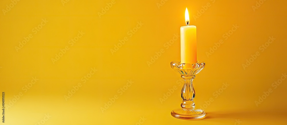Poster an acrylic candlestick holding a candle for home decoration against a yellow white background. with 