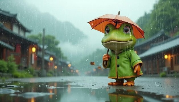 Adorable Green Frog Figurine with Red Umbrella in Rainy Weather
