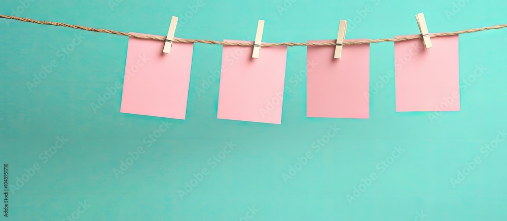 Aufkleber blank pink paper note hanging on a clothesline against a green background. with copy space image. pl