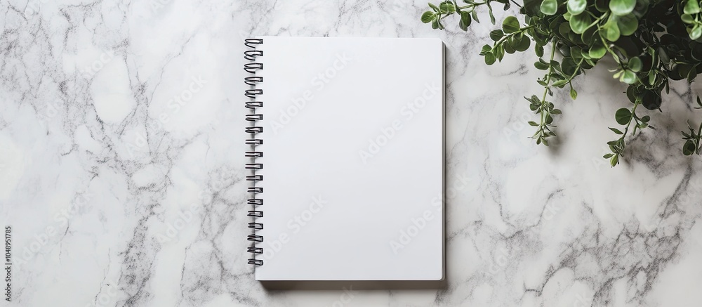 Aufkleber Blank sketchbook on a marble background Flat lay top view of an office table. with copy space image. Place for adding text or design