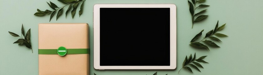 Obraz premium Tablet with Green Monday Sale notification, surrounded by ecofriendly packaging