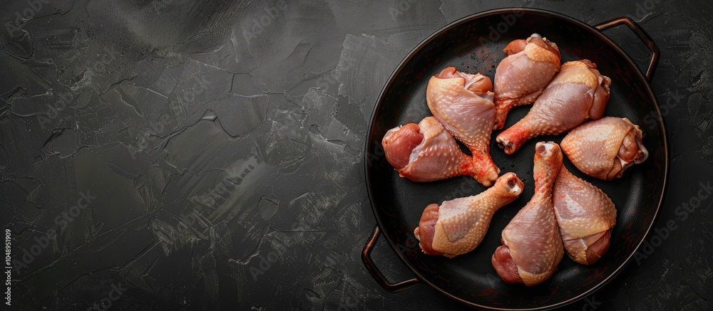 Poster raw marinated chicken legs and drumsticks ready for cooking on a dark table asian cuisine top view. 