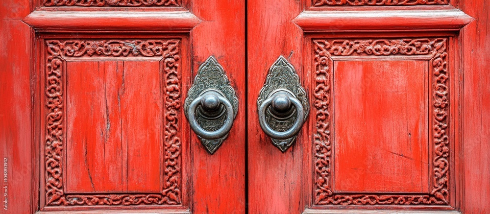 Poster closeup of an oriental style vintage door handle on the patterned frames of red double door panels o