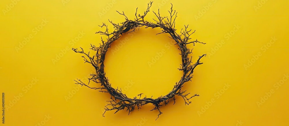 Poster circular frame created from four gorse hedging branches arranged in a flat lay on a vibrant yellow b