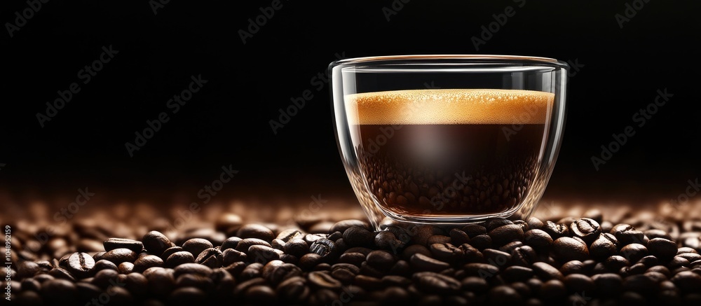 Aufkleber cup of coffee on coffee beans against a black background glass coffee cups on a black background cof