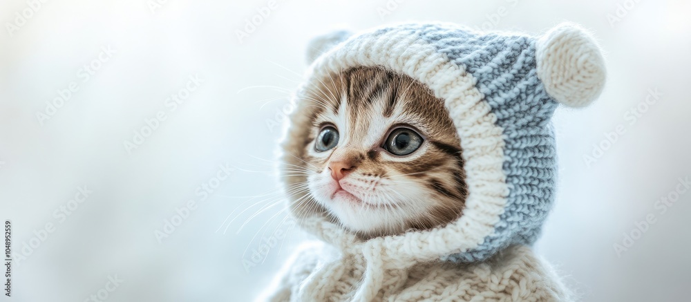 Aufkleber kitten dressed in winter attire attractive web banner with copyspace kitten in a white and blue hood