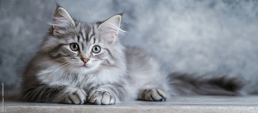 Poster Siberian breed female cat gray silver in color Attractive kitten resting comfortably. with copy space image. Place for adding text or design
