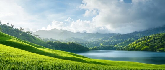  Surrounded by lush green hills, a large body of water is nestled A hillside, verdant with grass, lies beneath a cloudy blue sky