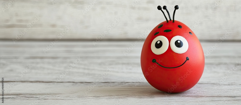 Poster Easter egg colored in red white and black featuring a cheerful ladybug face A boiled chicken egg with a red shell Set against a white wooden table background Large eyes on a playful face