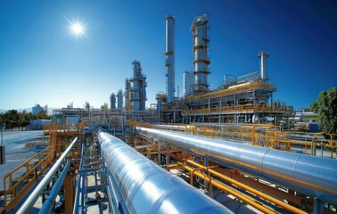 Modern Industrial Oil Refinery Under Clear Blue Sky