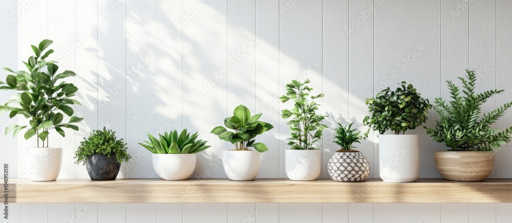 Aufkleber White home interior featuring houseplants on a wooden shelf. with copy space image. Place for adding text or design