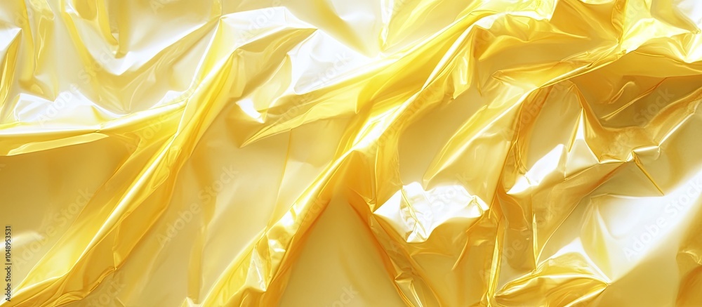 Fototapete A thin sheet of yellow cellophane with a shiny crumpled surface texture on a white background Abstract Light Shadow concept. with copy space image. Place for adding text or design