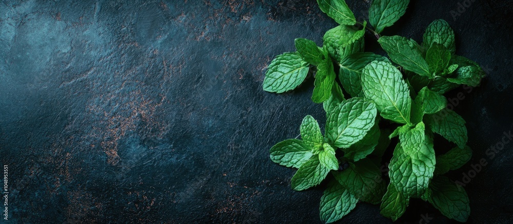 Aufkleber fresh mint leaves italian herbs dark backdrop. with copy space image. place for adding text or desig