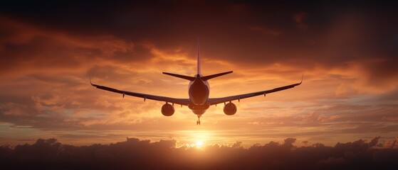  A large jetliner traverses a cloud-studded sky, the sun sneaking through breaks in the clouds ahead of the setting sun