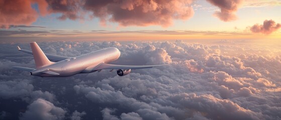  A large jetliner flies through cloudy skies above a vast expanse of water as the sun sets in the background