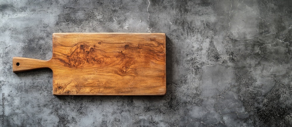 Aufkleber Top view of a wooden cutting board on a weathered stone countertop. with copy space image. Place for adding text or design