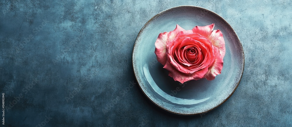 Poster rose flower on a plate against a concrete background. with copy space image. Place for adding text or design