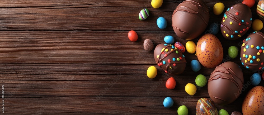 Leinwandbilder chocolate easter eggs decorated with colorful candies on a wooden surface. with copy space image. pl