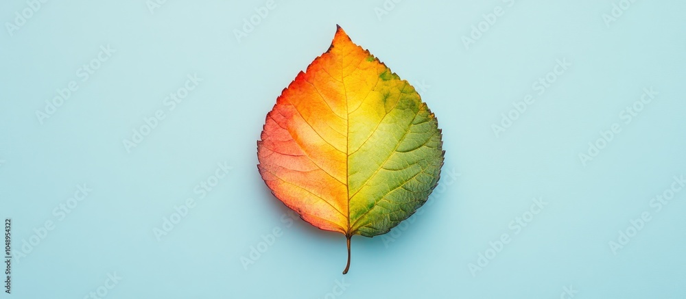 Poster Autumn leaf cut with a colorful gradient transition in a creative arrangement The seasonal change cycle for fall is depicted in this flat lay top view featuring copyspace