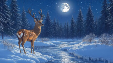 Fototapeta premium Majestic Winter Scene with Snowy Forest, Moonlit Sky, and Stag by Frozen Stream Under Full Moon in Serene Christmas Landscape, Perfect for Holiday Themes