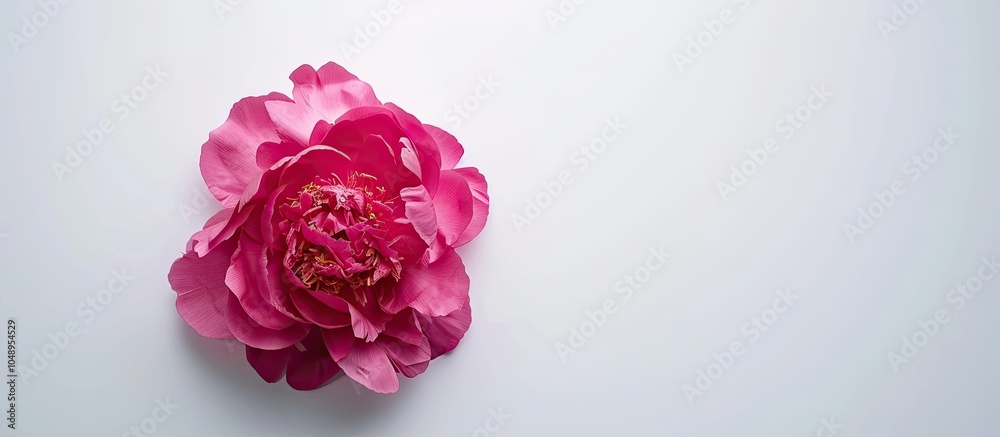 Poster studio shot of a single stunning peony flower against a white background with ample copy space for t