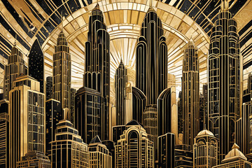 Art deco skyscraper cityscape in graphic style