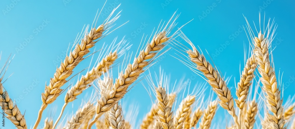 Leinwandbilder close up of ripe wheat or rye ears against a clear blue sky viewed from a low angle. with copy space