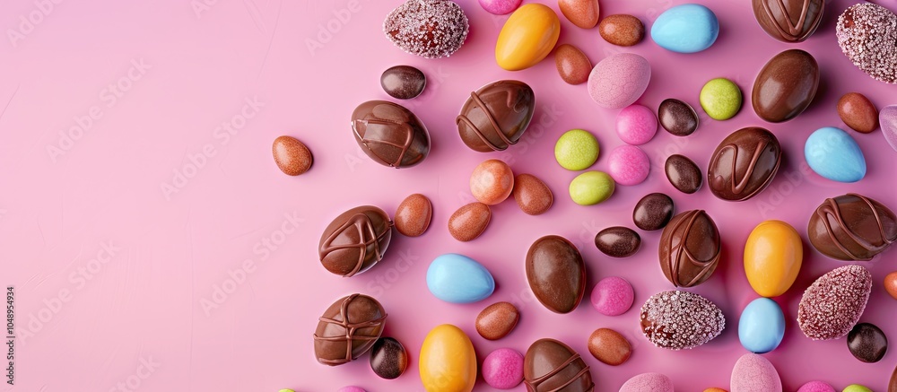 Aufkleber chocolate easter eggs and decorations arranged flat for a kids easter egg hunt concept on a pink bac