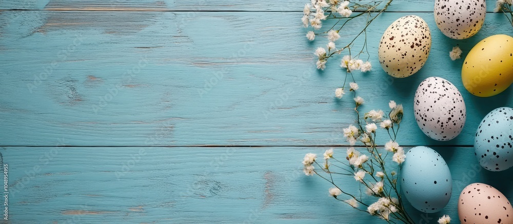 Aufkleber easter backdrop featuring easter eggs on a wooden table top view copy space