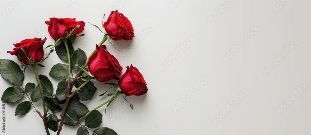 Poster large red blooming roses on a white background a present for your favorite woman. with copy space im