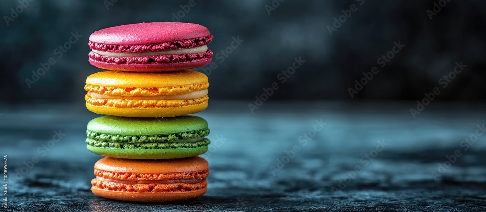 Leinwandbilder A stack of colorful and sweet French macaroons set against a dark rock backdrop. with copy space image. Place for adding text or design