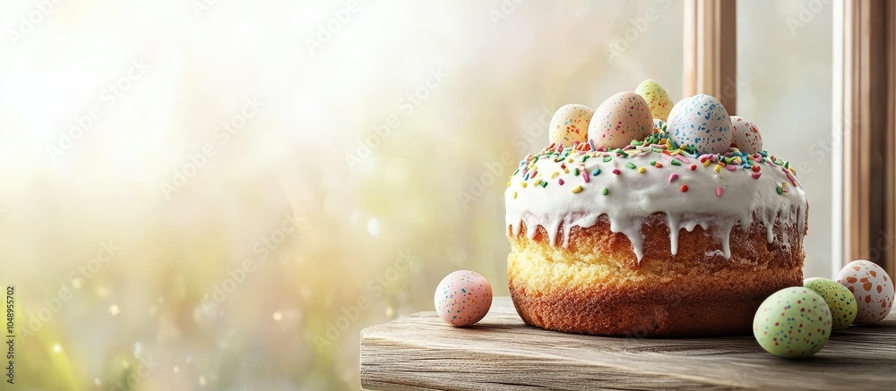 Aufkleber happy easter celebratory easter background easter cake with easter eggs on a wooden windowsill holid