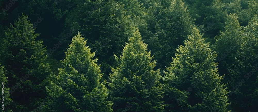 Poster green spruce trees in the forest background textures. with copy space image. place for adding text o