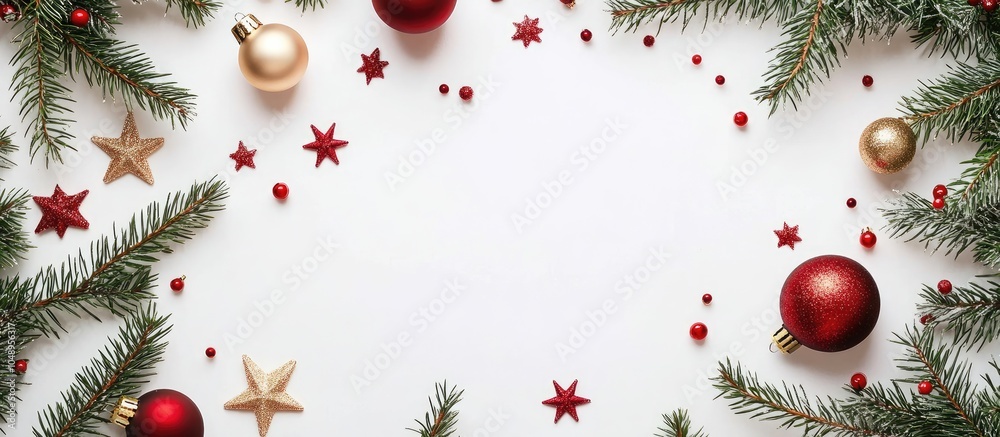 Aufkleber christmas arrangement circular frame of christmas tree branches with red and gold ornaments on a whi