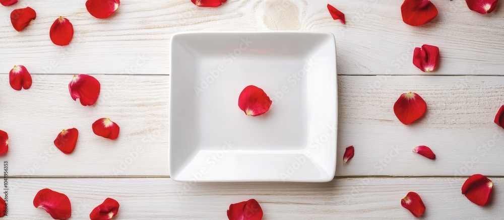 Fototapete background for the menu or postcard a square plate on a white wooden surface encircled by red petals