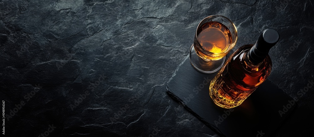 Aufkleber Scotch whiskey or whisky in a bottle and glass isolated on a black stone or dark background from above. with copy space image. Place for adding text or design