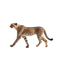 A cheetah walking in profile, isolated on a white background. PNG transparent.