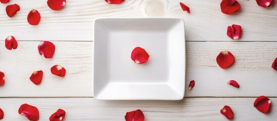 Background for the menu or postcard A square plate on a white wooden surface encircled by red petals. with copy space image. Place for adding text or design