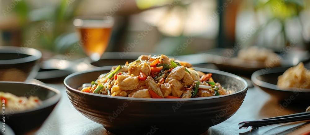 Poster asian cuisine being served in a restaurant. with copy space image. place for adding text or design