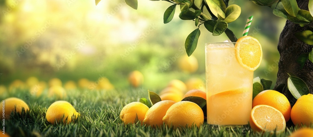Poster lemonade in a glass with lemons and oranges on a tree set against a background of green grass. with 