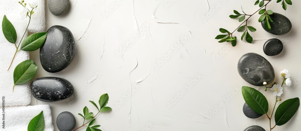 Poster Spa set featuring stones a towel and leaves on a white background. with copy space image. Place for adding text or design