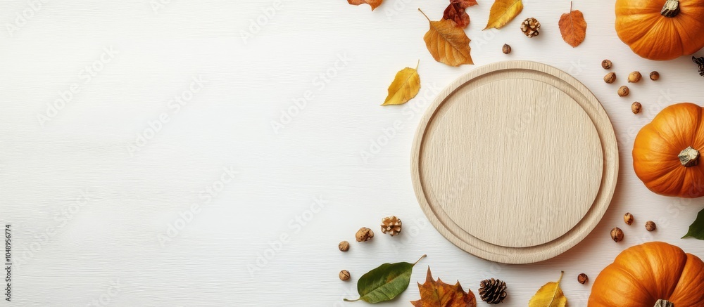 Leinwandbilder thanksgiving day flat lay arrangement featuring pumpkins leaves and a round board on a light wooden 